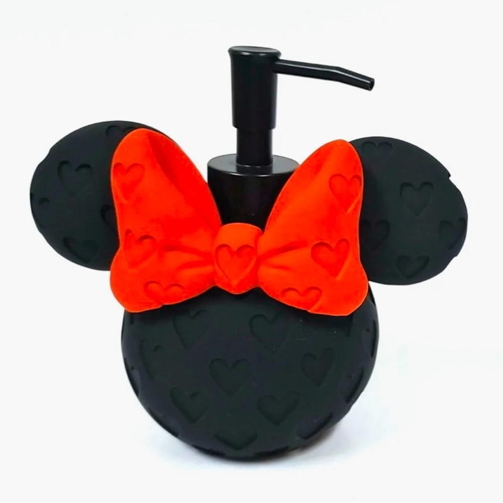 Minnie Mouse Soap Dispenser | Black Embossed Hearts Red Bow | Disney